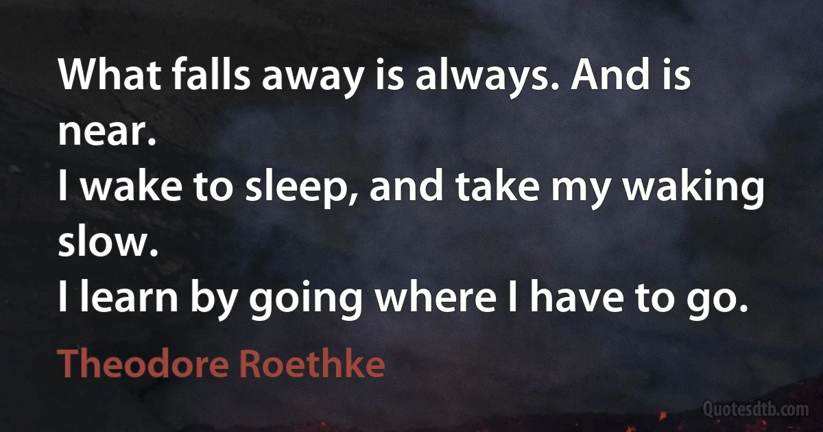 What falls away is always. And is near.
I wake to sleep, and take my waking slow.
I learn by going where I have to go. (Theodore Roethke)