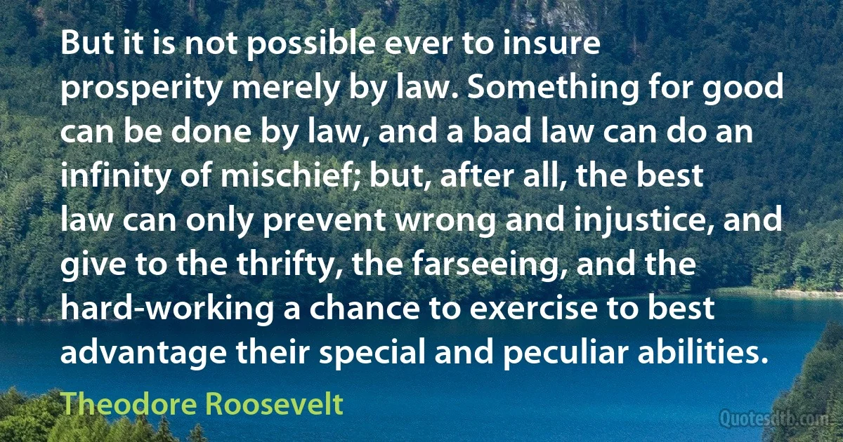 But it is not possible ever to insure prosperity merely by law. Something for good can be done by law, and a bad law can do an infinity of mischief; but, after all, the best law can only prevent wrong and injustice, and give to the thrifty, the farseeing, and the hard-working a chance to exercise to best advantage their special and peculiar abilities. (Theodore Roosevelt)