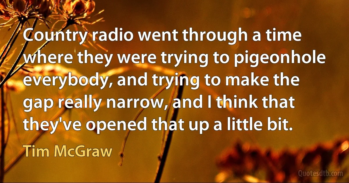 Country radio went through a time where they were trying to pigeonhole everybody, and trying to make the gap really narrow, and I think that they've opened that up a little bit. (Tim McGraw)