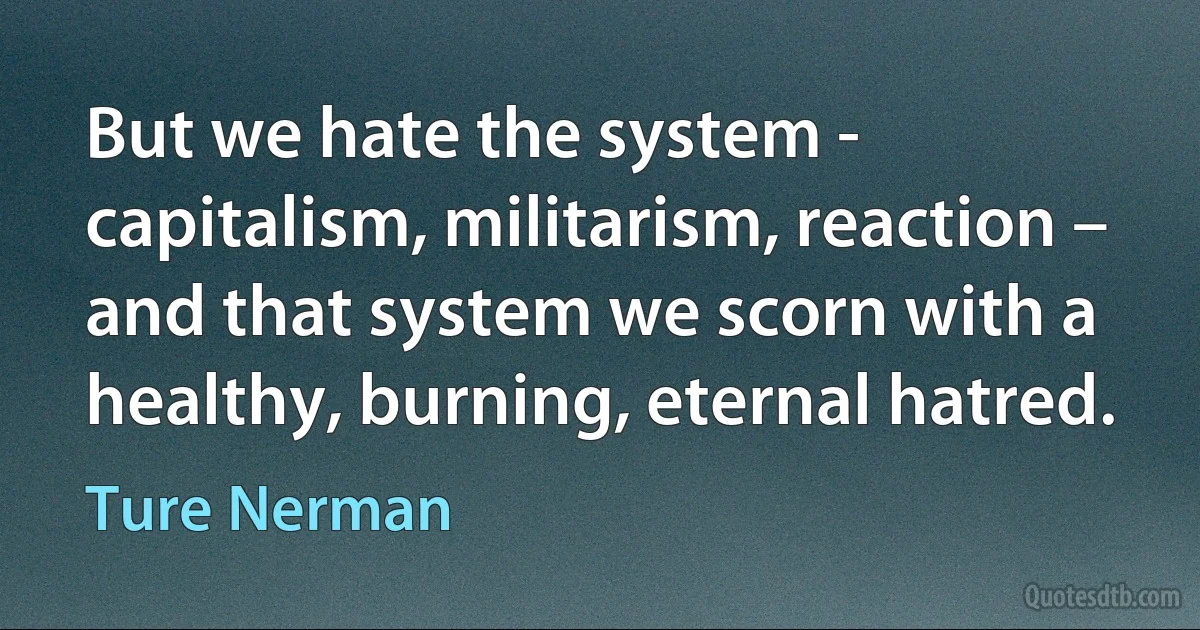 But we hate the system - capitalism, militarism, reaction – and that system we scorn with a healthy, burning, eternal hatred. (Ture Nerman)