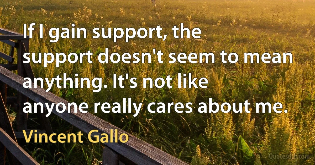 If I gain support, the support doesn't seem to mean anything. It's not like anyone really cares about me. (Vincent Gallo)