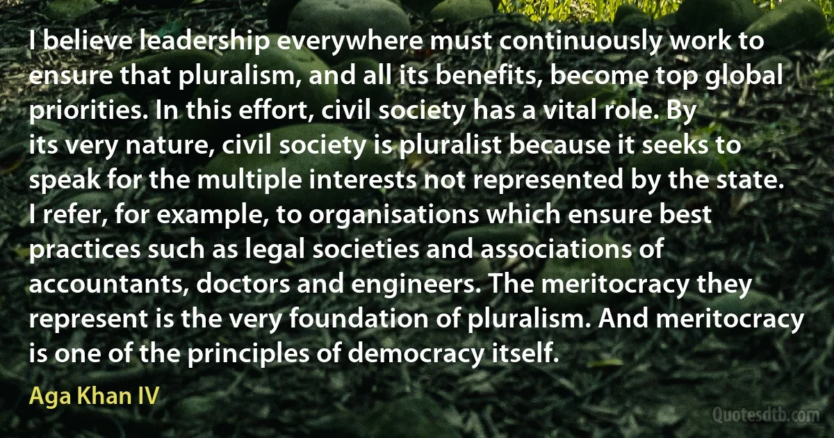 I believe leadership everywhere must continuously work to ensure that pluralism, and all its benefits, become top global priorities. In this effort, civil society has a vital role. By its very nature, civil society is pluralist because it seeks to speak for the multiple interests not represented by the state. I refer, for example, to organisations which ensure best practices such as legal societies and associations of accountants, doctors and engineers. The meritocracy they represent is the very foundation of pluralism. And meritocracy is one of the principles of democracy itself. (Aga Khan IV)