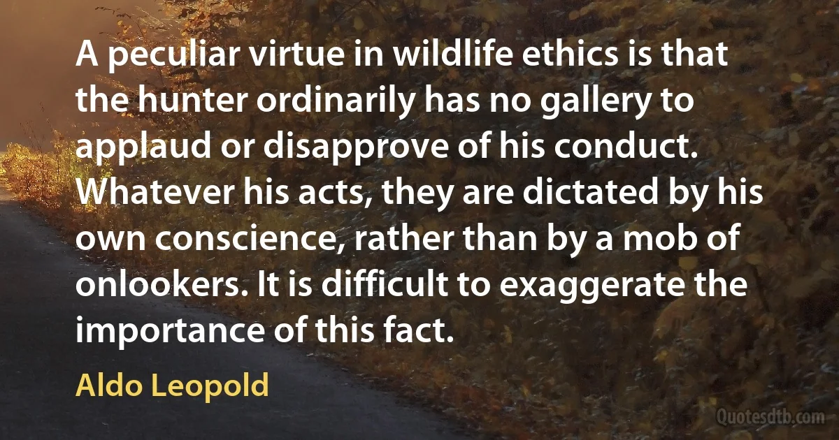 A peculiar virtue in wildlife ethics is that the hunter ordinarily has no gallery to applaud or disapprove of his conduct. Whatever his acts, they are dictated by his own conscience, rather than by a mob of onlookers. It is difficult to exaggerate the importance of this fact. (Aldo Leopold)