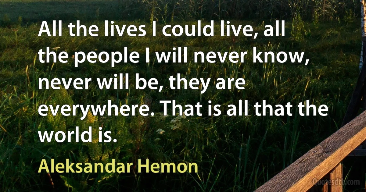 All the lives I could live, all the people I will never know, never will be, they are everywhere. That is all that the world is. (Aleksandar Hemon)