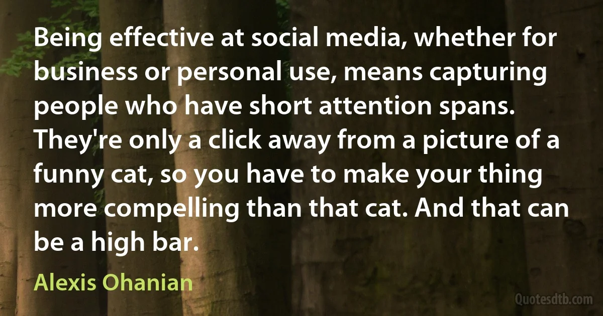 Being effective at social media, whether for business or personal use, means capturing people who have short attention spans. They're only a click away from a picture of a funny cat, so you have to make your thing more compelling than that cat. And that can be a high bar. (Alexis Ohanian)