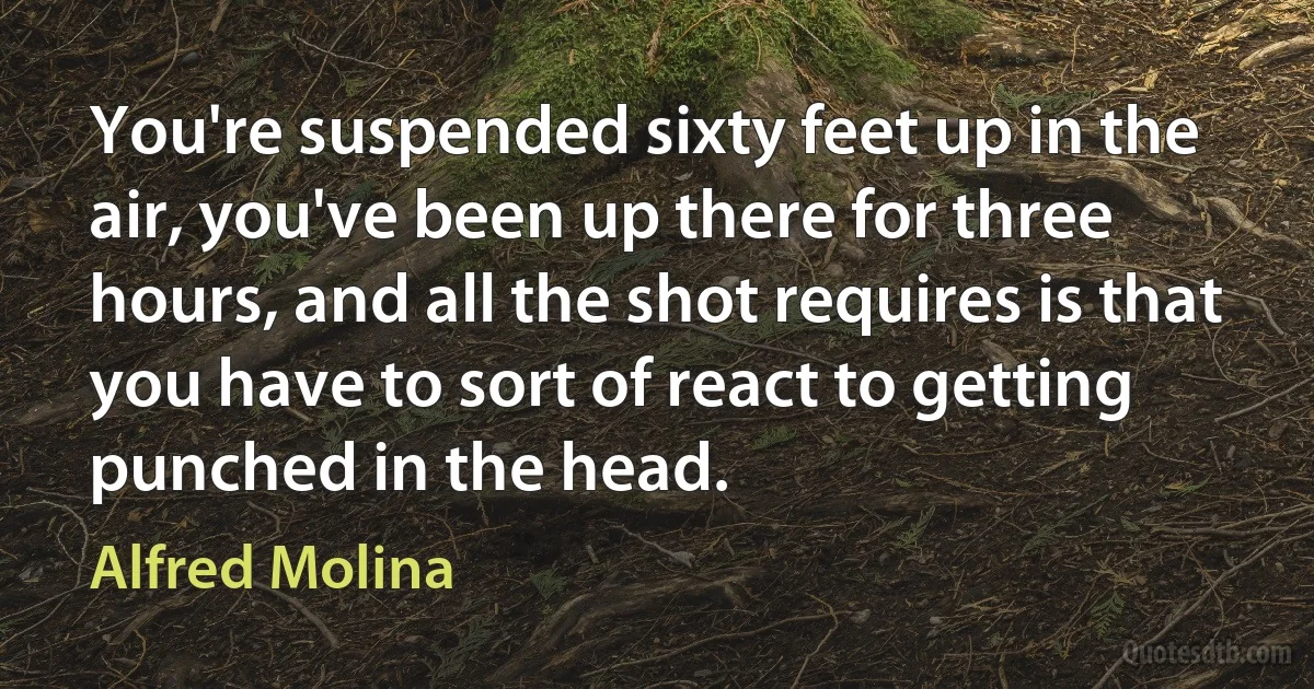 You're suspended sixty feet up in the air, you've been up there for three hours, and all the shot requires is that you have to sort of react to getting punched in the head. (Alfred Molina)