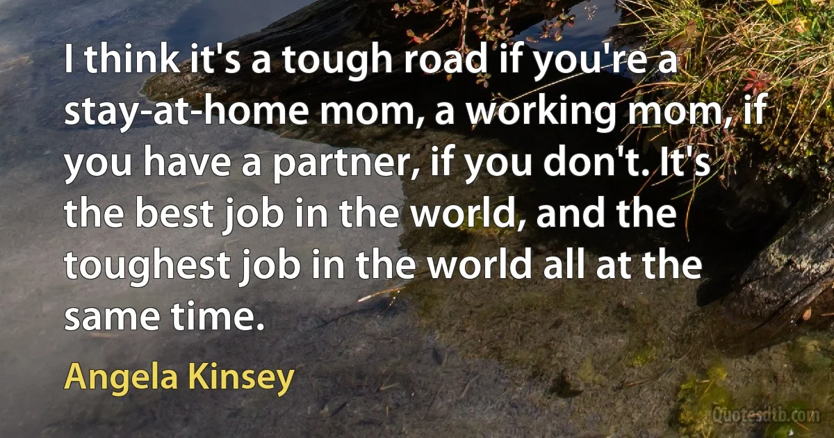 I think it's a tough road if you're a stay-at-home mom, a working mom, if you have a partner, if you don't. It's the best job in the world, and the toughest job in the world all at the same time. (Angela Kinsey)