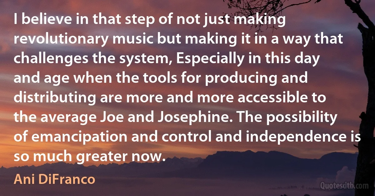 I believe in that step of not just making revolutionary music but making it in a way that challenges the system, Especially in this day and age when the tools for producing and distributing are more and more accessible to the average Joe and Josephine. The possibility of emancipation and control and independence is so much greater now. (Ani DiFranco)