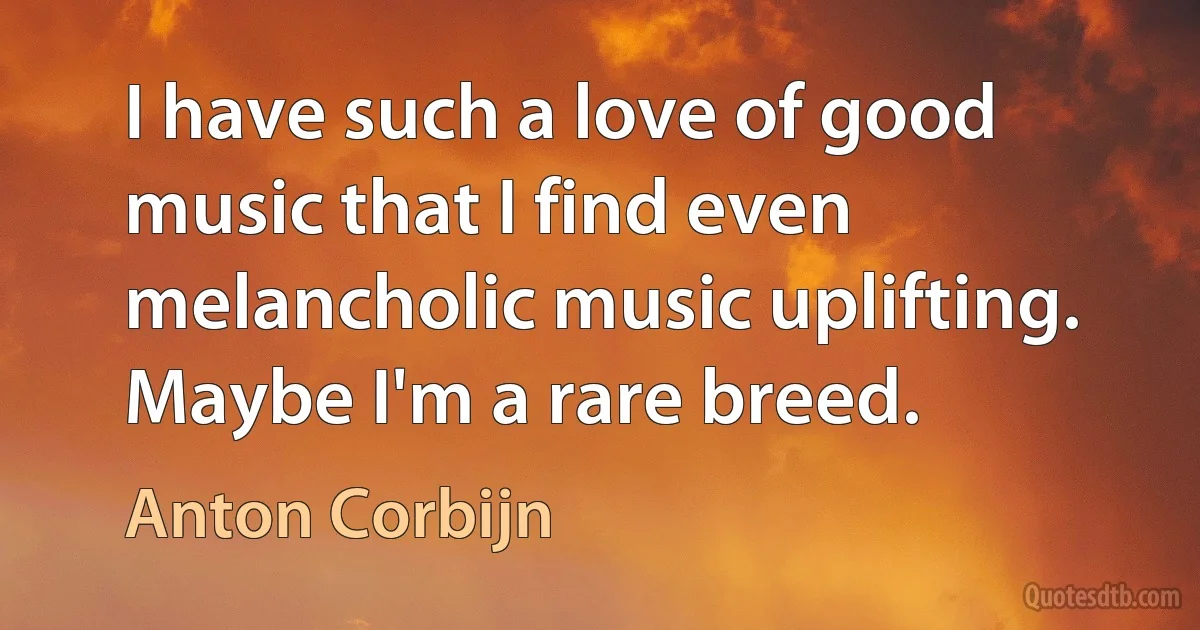 I have such a love of good music that I find even melancholic music uplifting. Maybe I'm a rare breed. (Anton Corbijn)