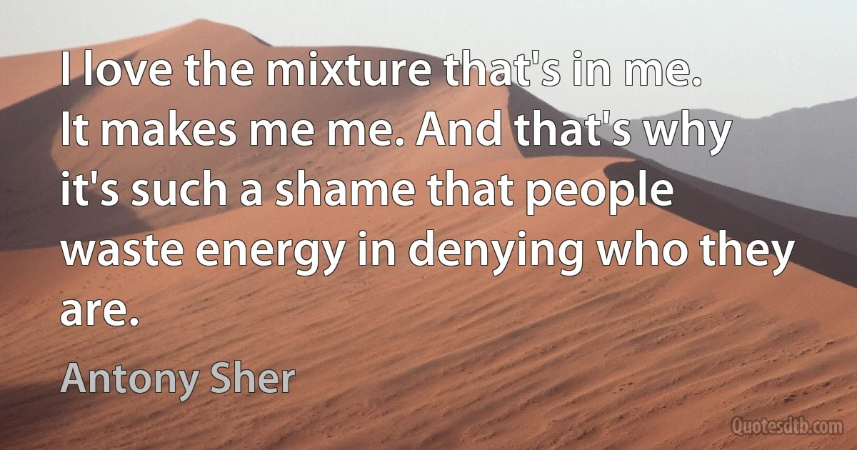 I love the mixture that's in me. It makes me me. And that's why it's such a shame that people waste energy in denying who they are. (Antony Sher)