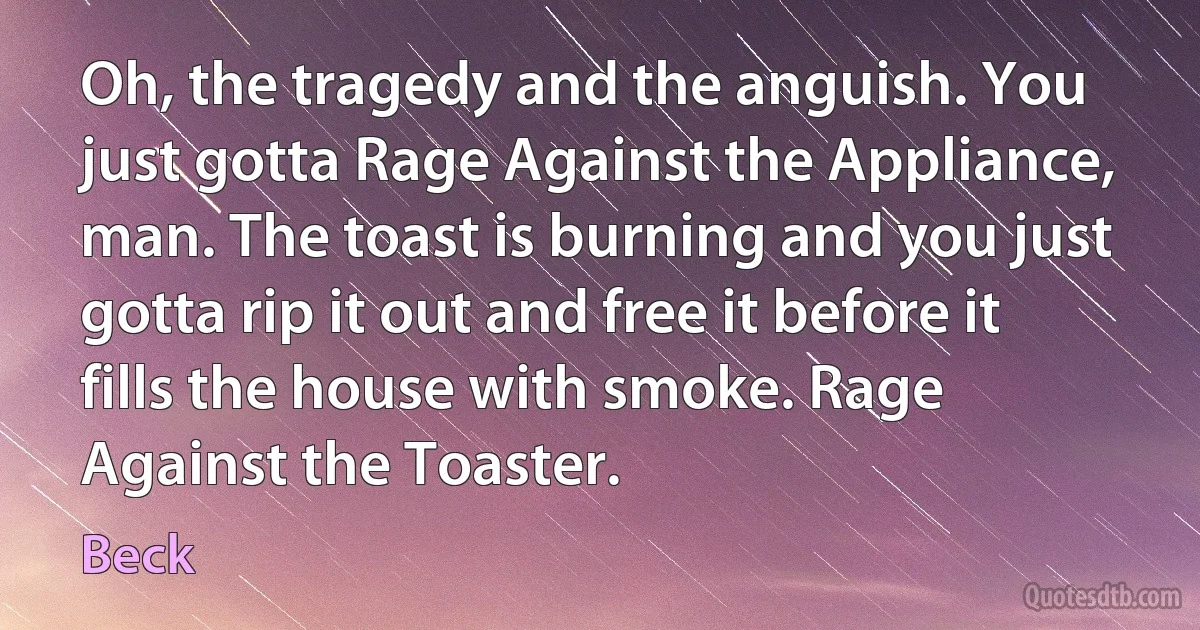 Oh, the tragedy and the anguish. You just gotta Rage Against the Appliance, man. The toast is burning and you just gotta rip it out and free it before it fills the house with smoke. Rage Against the Toaster. (Beck)