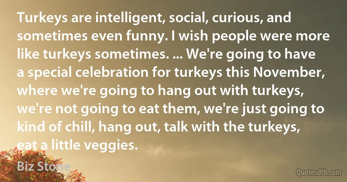 Turkeys are intelligent, social, curious, and sometimes even funny. I wish people were more like turkeys sometimes. ... We're going to have a special celebration for turkeys this November, where we're going to hang out with turkeys, we're not going to eat them, we're just going to kind of chill, hang out, talk with the turkeys, eat a little veggies. (Biz Stone)