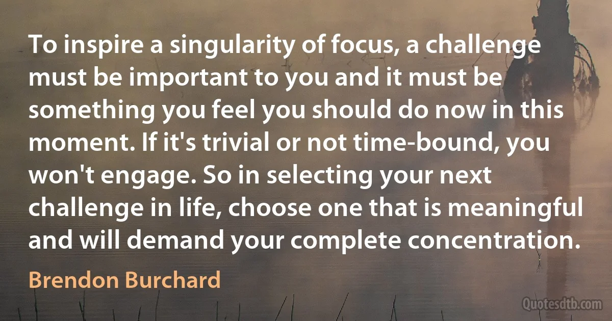 To inspire a singularity of focus, a challenge must be important to you and it must be something you feel you should do now in this moment. If it's trivial or not time-bound, you won't engage. So in selecting your next challenge in life, choose one that is meaningful and will demand your complete concentration. (Brendon Burchard)