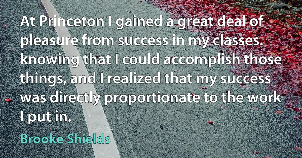 At Princeton I gained a great deal of pleasure from success in my classes. knowing that I could accomplish those things, and I realized that my success was directly proportionate to the work I put in. (Brooke Shields)