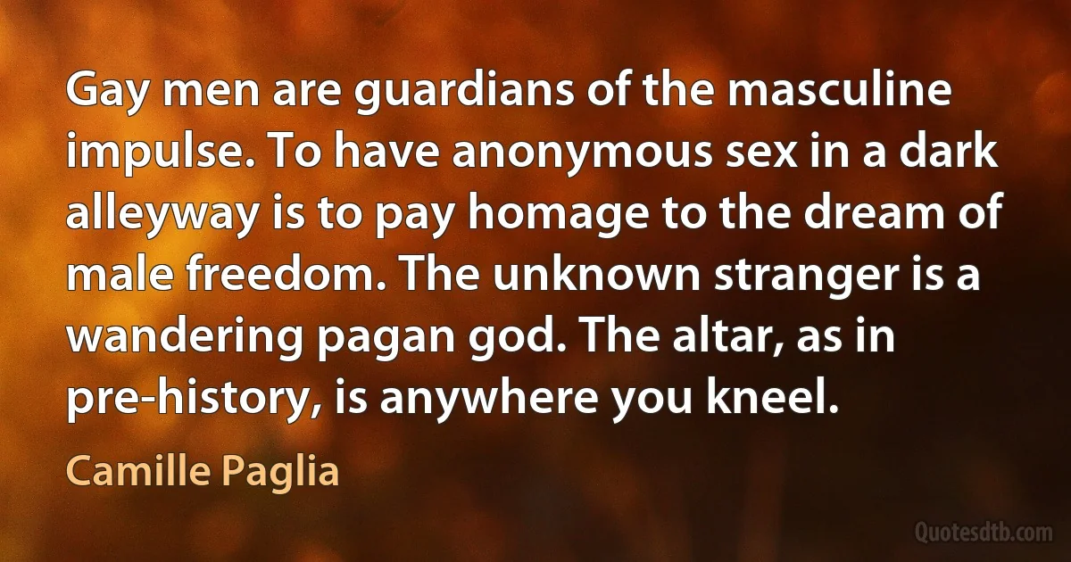 Gay men are guardians of the masculine impulse. To have anonymous sex in a dark alleyway is to pay homage to the dream of male freedom. The unknown stranger is a wandering pagan god. The altar, as in pre-history, is anywhere you kneel. (Camille Paglia)