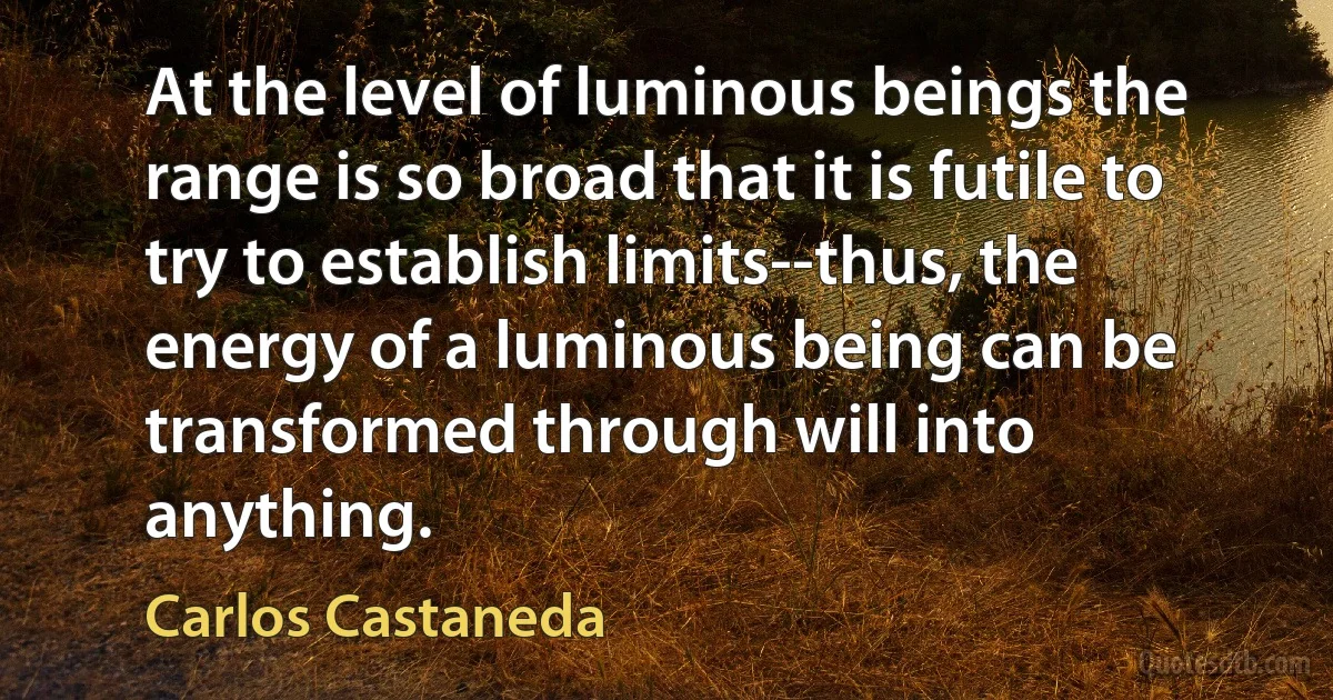 At the level of luminous beings the range is so broad that it is futile to try to establish limits--thus, the energy of a luminous being can be transformed through will into anything. (Carlos Castaneda)