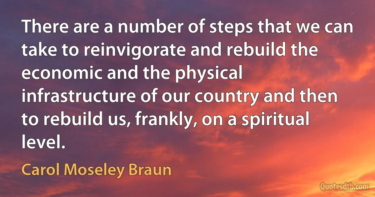 There are a number of steps that we can take to reinvigorate and rebuild the economic and the physical infrastructure of our country and then to rebuild us, frankly, on a spiritual level. (Carol Moseley Braun)