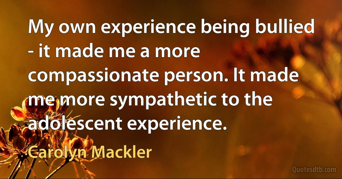 My own experience being bullied - it made me a more compassionate person. It made me more sympathetic to the adolescent experience. (Carolyn Mackler)