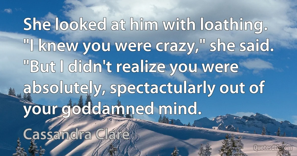 She looked at him with loathing. "I knew you were crazy," she said. "But I didn't realize you were absolutely, spectactularly out of your goddamned mind. (Cassandra Clare)