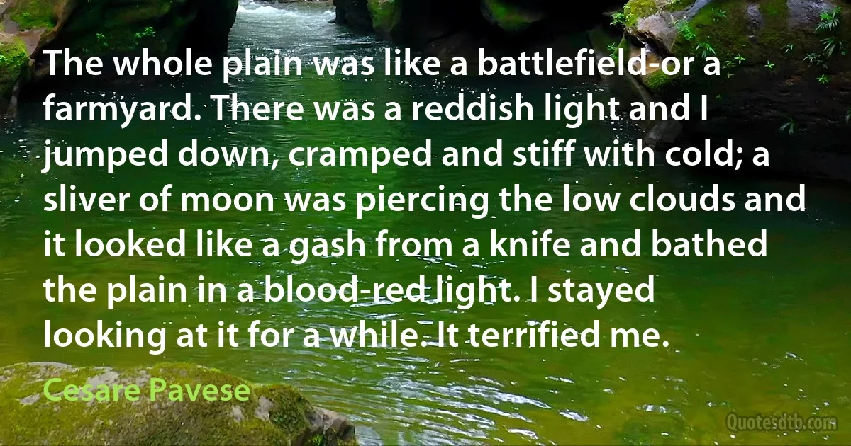 The whole plain was like a battlefield-or a farmyard. There was a reddish light and I jumped down, cramped and stiff with cold; a sliver of moon was piercing the low clouds and it looked like a gash from a knife and bathed the plain in a blood-red light. I stayed looking at it for a while. It terrified me. (Cesare Pavese)