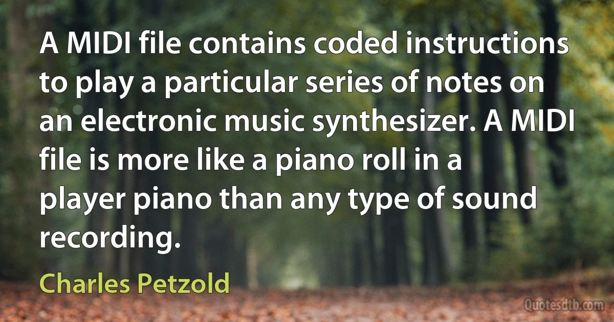 A MIDI file contains coded instructions to play a particular series of notes on an electronic music synthesizer. A MIDI file is more like a piano roll in a player piano than any type of sound recording. (Charles Petzold)