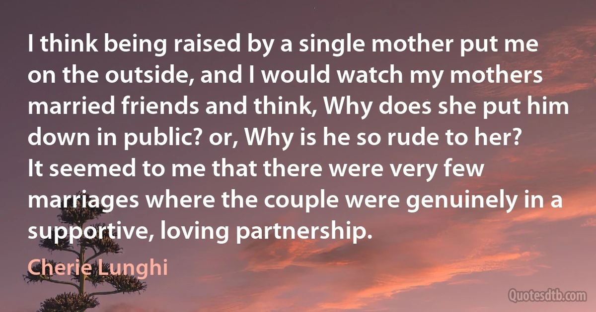 I think being raised by a single mother put me on the outside, and I would watch my mothers married friends and think, Why does she put him down in public? or, Why is he so rude to her? It seemed to me that there were very few marriages where the couple were genuinely in a supportive, loving partnership. (Cherie Lunghi)