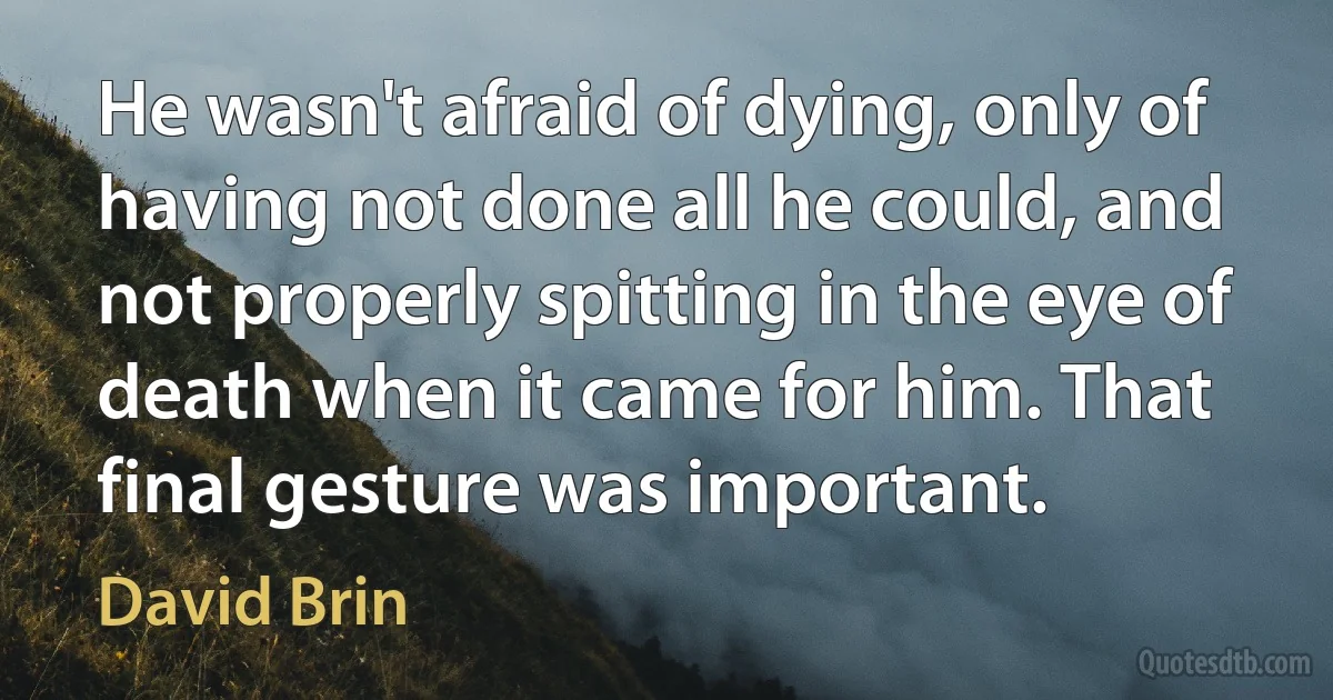 He wasn't afraid of dying, only of having not done all he could, and not properly spitting in the eye of death when it came for him. That final gesture was important. (David Brin)