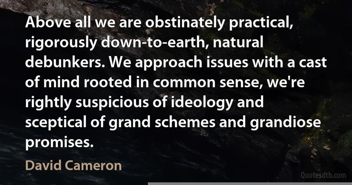 Above all we are obstinately practical, rigorously down-to-earth, natural debunkers. We approach issues with a cast of mind rooted in common sense, we're rightly suspicious of ideology and sceptical of grand schemes and grandiose promises. (David Cameron)