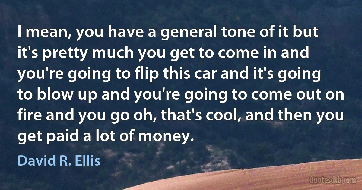 I mean, you have a general tone of it but it's pretty much you get to come in and you're going to flip this car and it's going to blow up and you're going to come out on fire and you go oh, that's cool, and then you get paid a lot of money. (David R. Ellis)