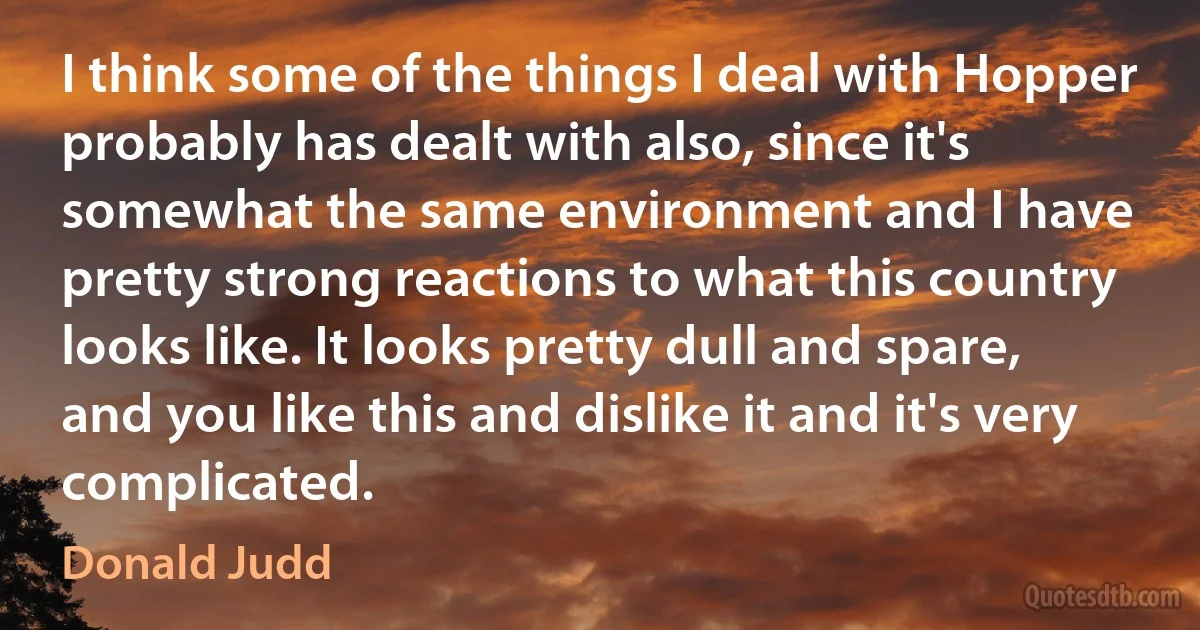 I think some of the things I deal with Hopper probably has dealt with also, since it's somewhat the same environment and I have pretty strong reactions to what this country looks like. It looks pretty dull and spare, and you like this and dislike it and it's very complicated. (Donald Judd)