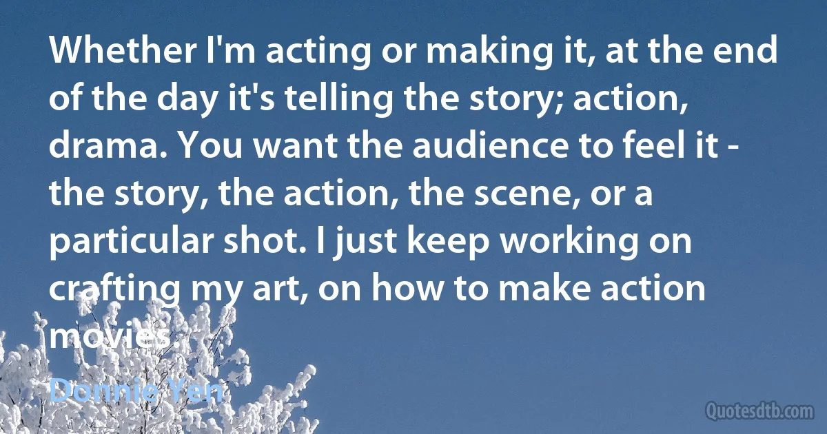 Whether I'm acting or making it, at the end of the day it's telling the story; action, drama. You want the audience to feel it - the story, the action, the scene, or a particular shot. I just keep working on crafting my art, on how to make action movies. (Donnie Yen)