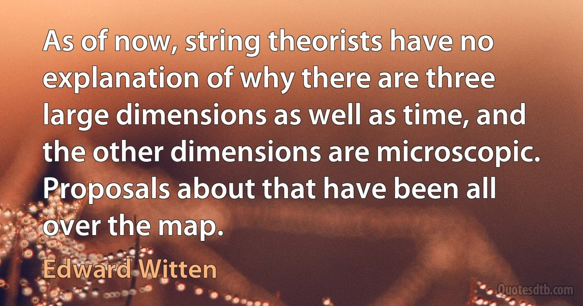 As of now, string theorists have no explanation of why there are three large dimensions as well as time, and the other dimensions are microscopic. Proposals about that have been all over the map. (Edward Witten)