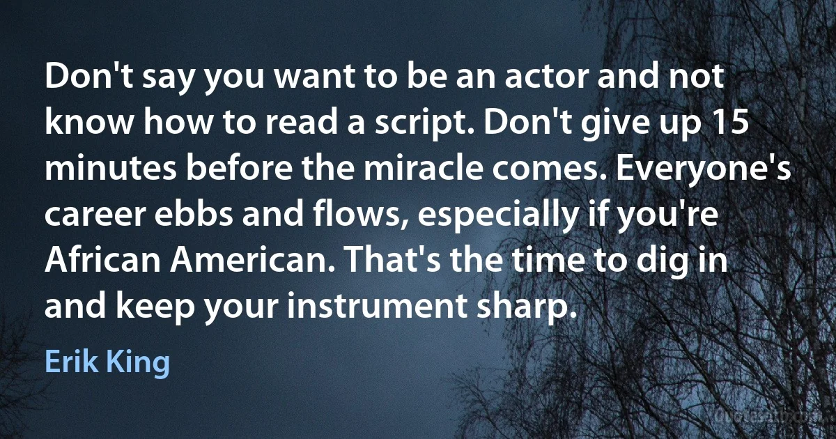 Don't say you want to be an actor and not know how to read a script. Don't give up 15 minutes before the miracle comes. Everyone's career ebbs and flows, especially if you're African American. That's the time to dig in and keep your instrument sharp. (Erik King)