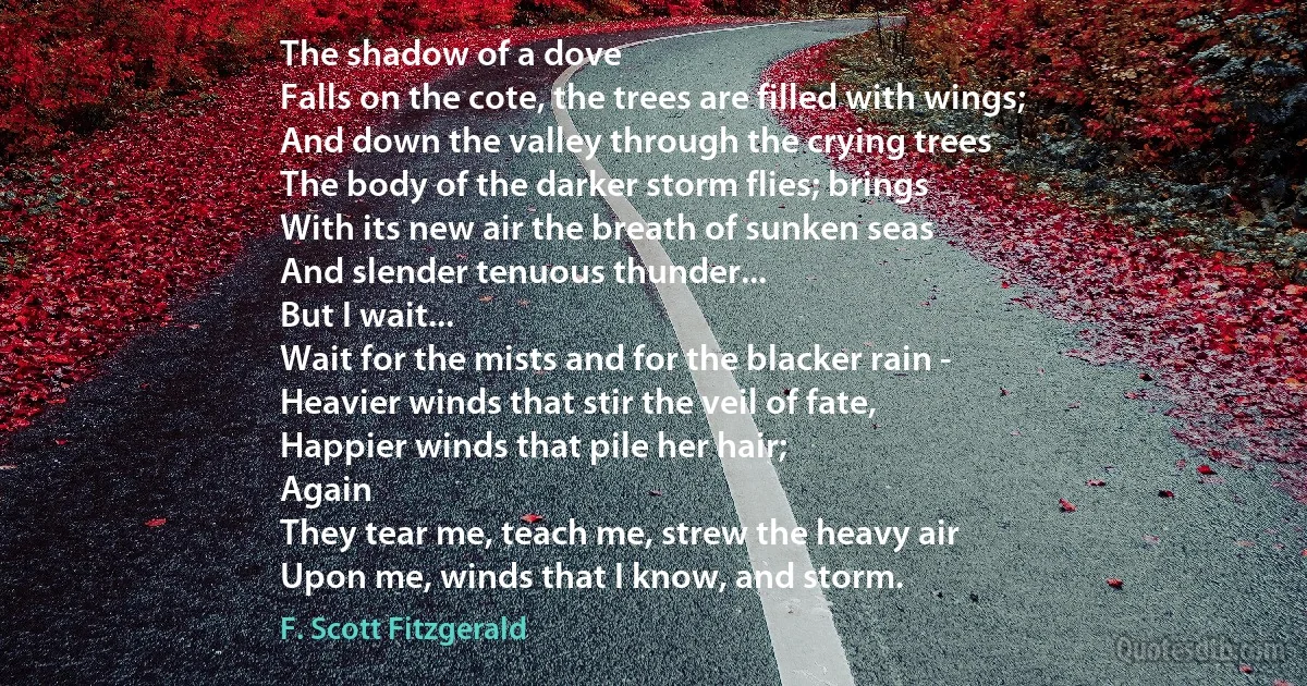 The shadow of a dove
Falls on the cote, the trees are filled with wings;
And down the valley through the crying trees
The body of the darker storm flies; brings
With its new air the breath of sunken seas
And slender tenuous thunder...
But I wait...
Wait for the mists and for the blacker rain -
Heavier winds that stir the veil of fate,
Happier winds that pile her hair;
Again
They tear me, teach me, strew the heavy air
Upon me, winds that I know, and storm. (F. Scott Fitzgerald)