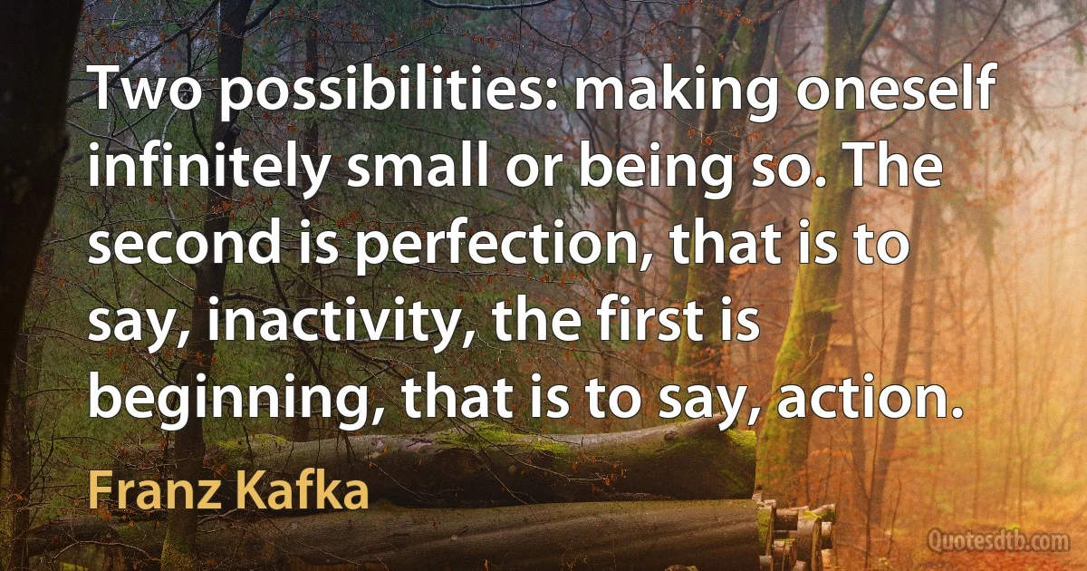 Two possibilities: making oneself infinitely small or being so. The second is perfection, that is to say, inactivity, the first is beginning, that is to say, action. (Franz Kafka)