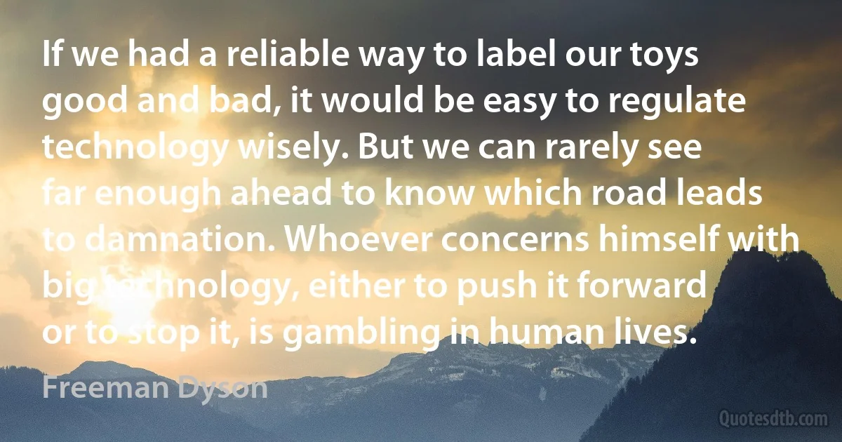 If we had a reliable way to label our toys good and bad, it would be easy to regulate technology wisely. But we can rarely see far enough ahead to know which road leads to damnation. Whoever concerns himself with big technology, either to push it forward or to stop it, is gambling in human lives. (Freeman Dyson)