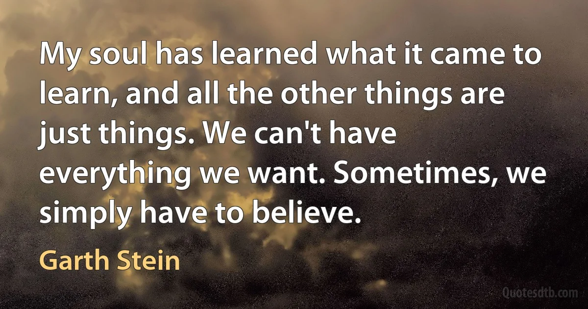 My soul has learned what it came to learn, and all the other things are just things. We can't have everything we want. Sometimes, we simply have to believe. (Garth Stein)