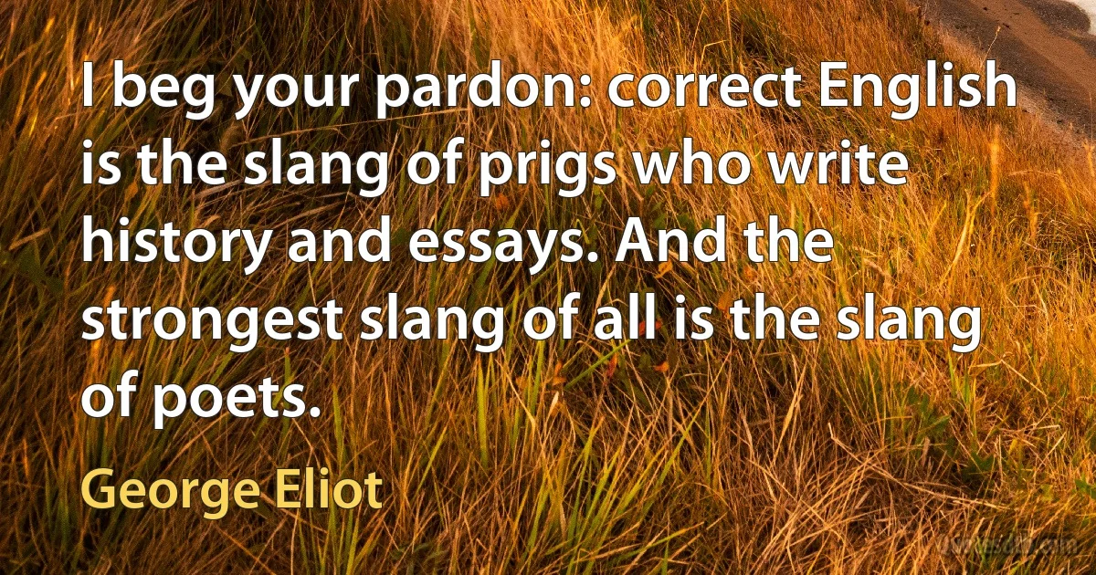 I beg your pardon: correct English is the slang of prigs who write history and essays. And the strongest slang of all is the slang of poets. (George Eliot)