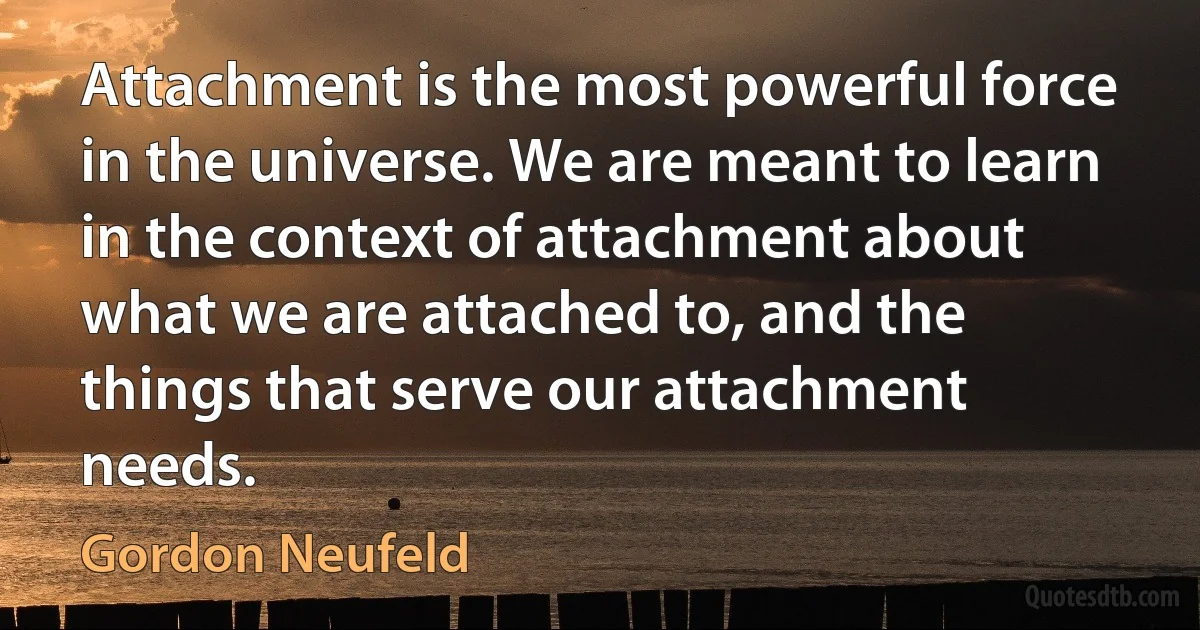 Attachment is the most powerful force in the universe. We are meant to learn in the context of attachment about what we are attached to, and the things that serve our attachment needs. (Gordon Neufeld)