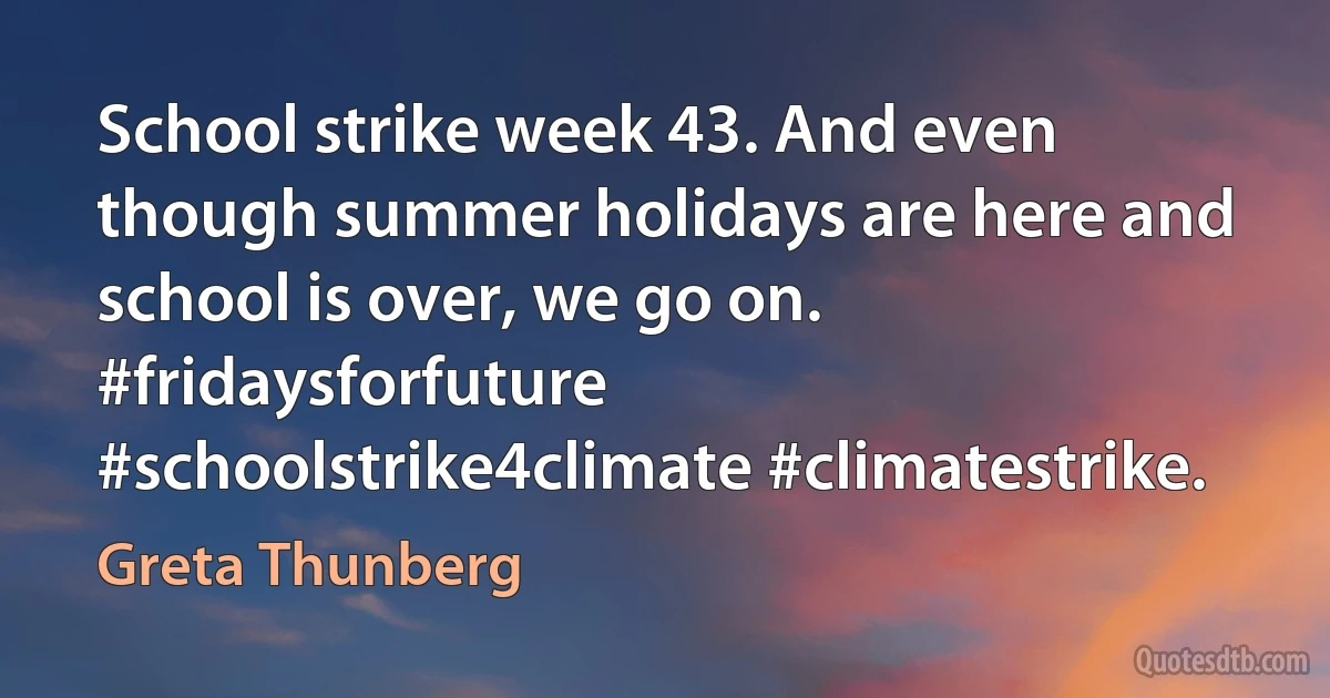 School strike week 43. And even though summer holidays are here and school is over, we go on. #fridaysforfuture #schoolstrike4climate #climatestrike. (Greta Thunberg)