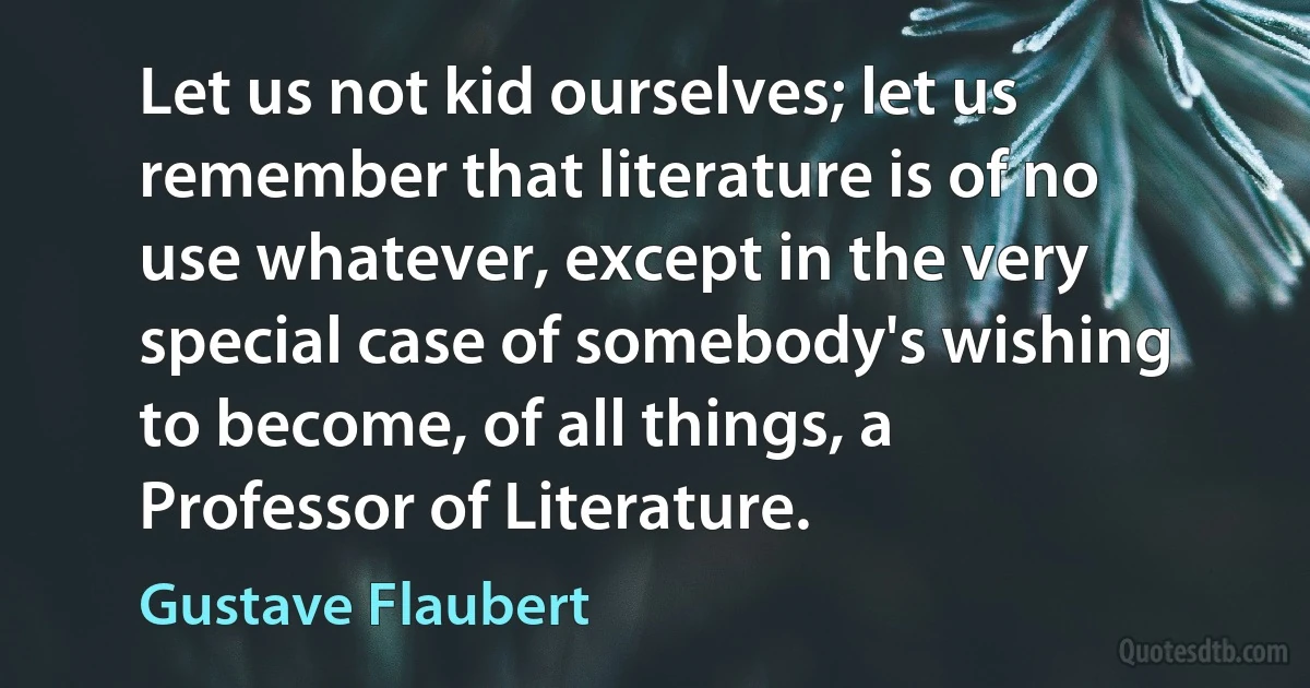 Let us not kid ourselves; let us remember that literature is of no use whatever, except in the very special case of somebody's wishing to become, of all things, a Professor of Literature. (Gustave Flaubert)