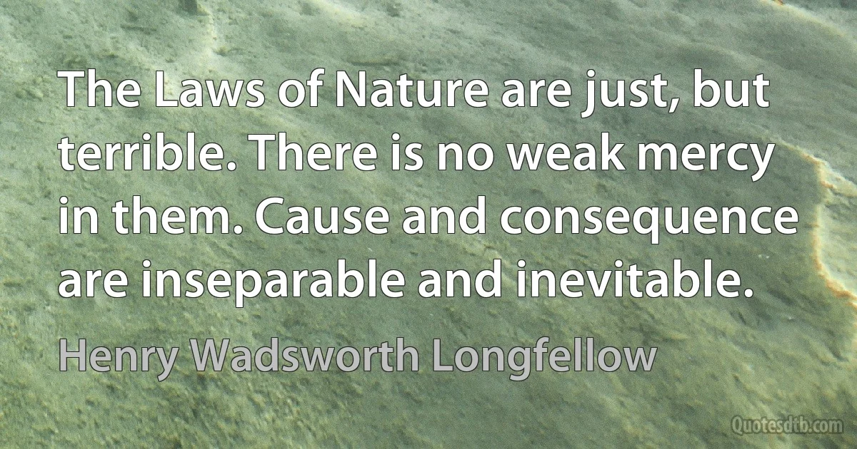 The Laws of Nature are just, but terrible. There is no weak mercy in them. Cause and consequence are inseparable and inevitable. (Henry Wadsworth Longfellow)