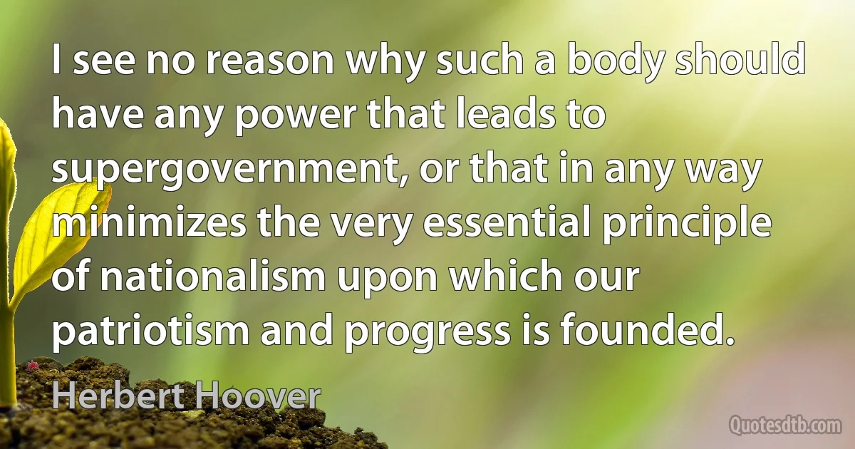 I see no reason why such a body should have any power that leads to supergovernment, or that in any way minimizes the very essential principle of nationalism upon which our patriotism and progress is founded. (Herbert Hoover)