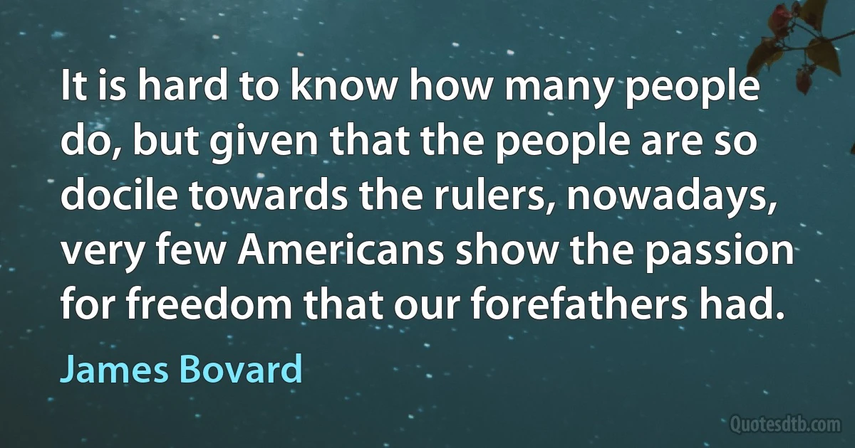 It is hard to know how many people do, but given that the people are so docile towards the rulers, nowadays, very few Americans show the passion for freedom that our forefathers had. (James Bovard)