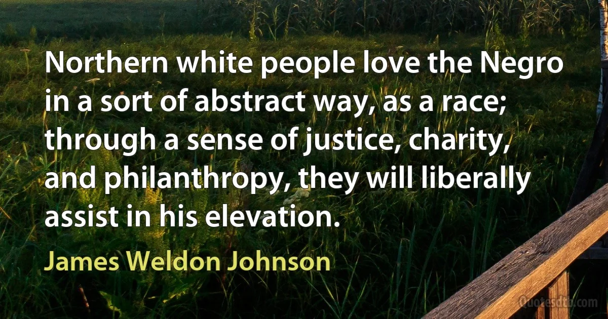 Northern white people love the Negro in a sort of abstract way, as a race; through a sense of justice, charity, and philanthropy, they will liberally assist in his elevation. (James Weldon Johnson)