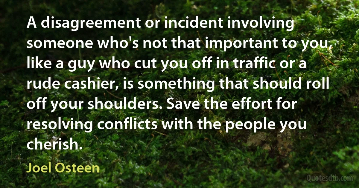 A disagreement or incident involving someone who's not that important to you, like a guy who cut you off in traffic or a rude cashier, is something that should roll off your shoulders. Save the effort for resolving conflicts with the people you cherish. (Joel Osteen)