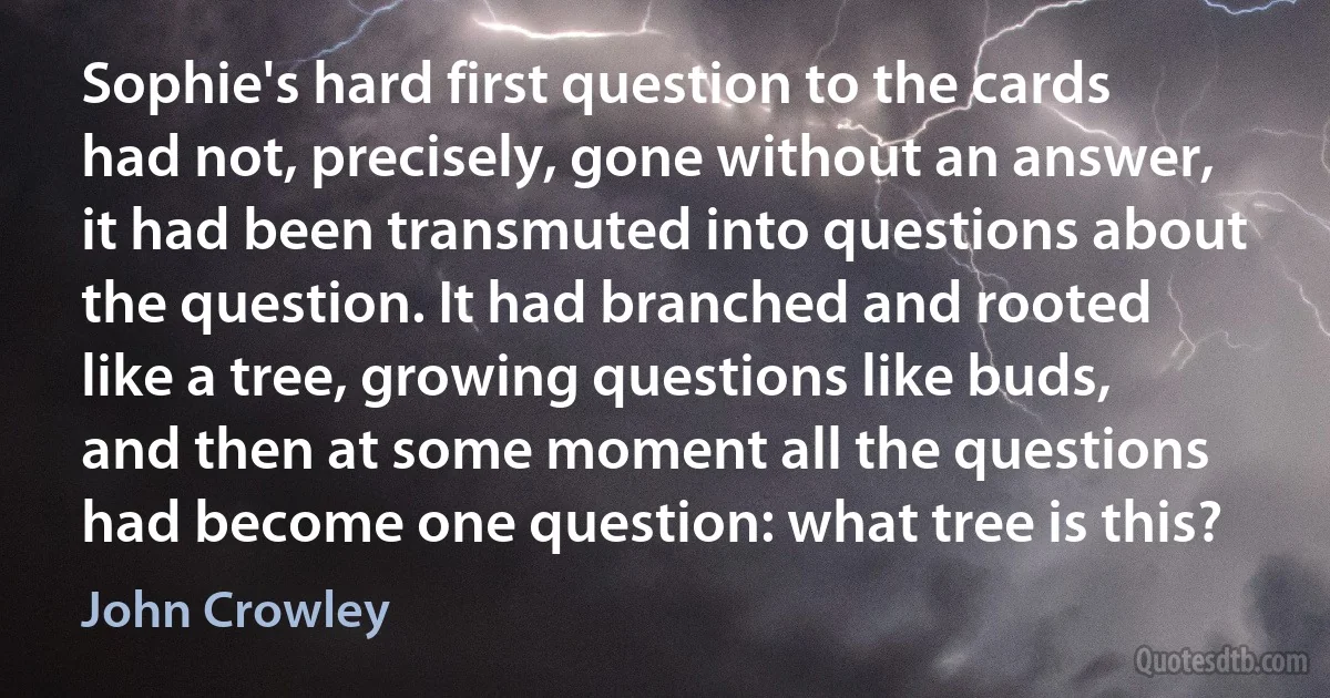 Sophie's hard first question to the cards had not, precisely, gone without an answer, it had been transmuted into questions about the question. It had branched and rooted like a tree, growing questions like buds, and then at some moment all the questions had become one question: what tree is this? (John Crowley)