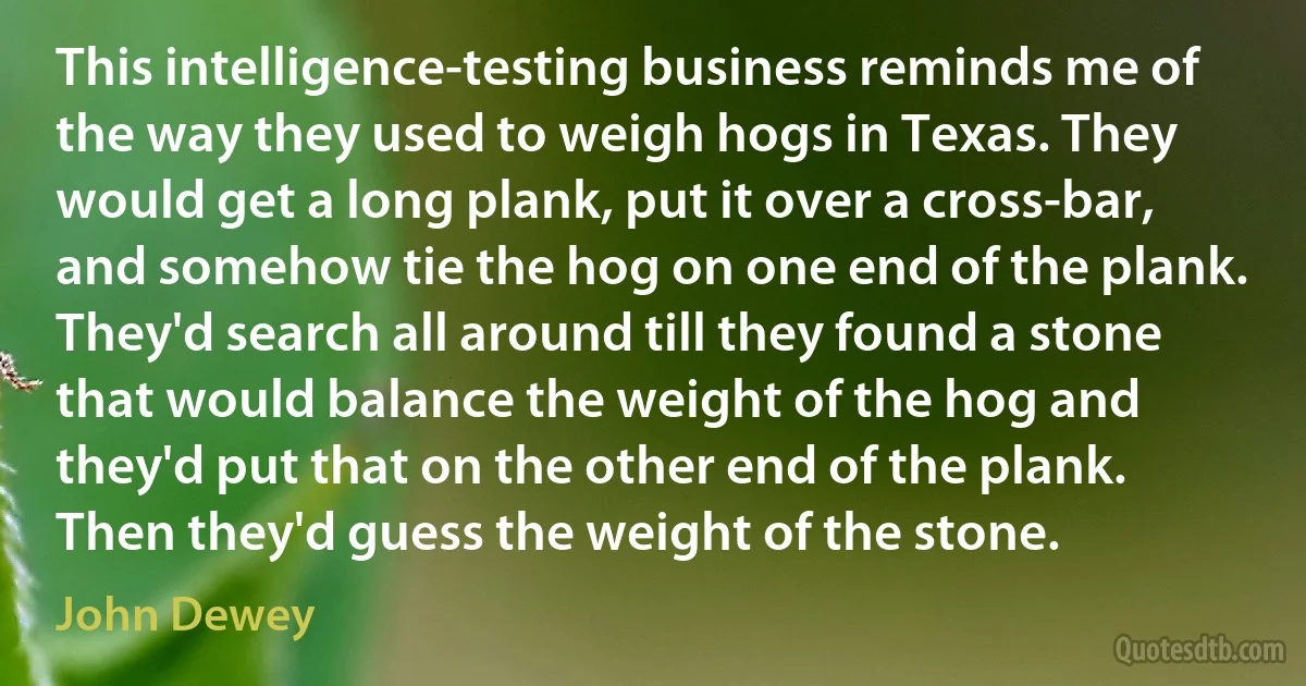 This intelligence-testing business reminds me of the way they used to weigh hogs in Texas. They would get a long plank, put it over a cross-bar, and somehow tie the hog on one end of the plank. They'd search all around till they found a stone that would balance the weight of the hog and they'd put that on the other end of the plank. Then they'd guess the weight of the stone. (John Dewey)