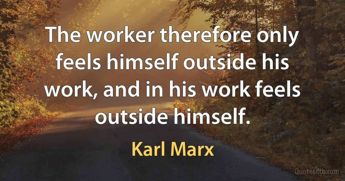 The worker therefore only feels himself outside his work, and in his work feels outside himself. (Karl Marx)