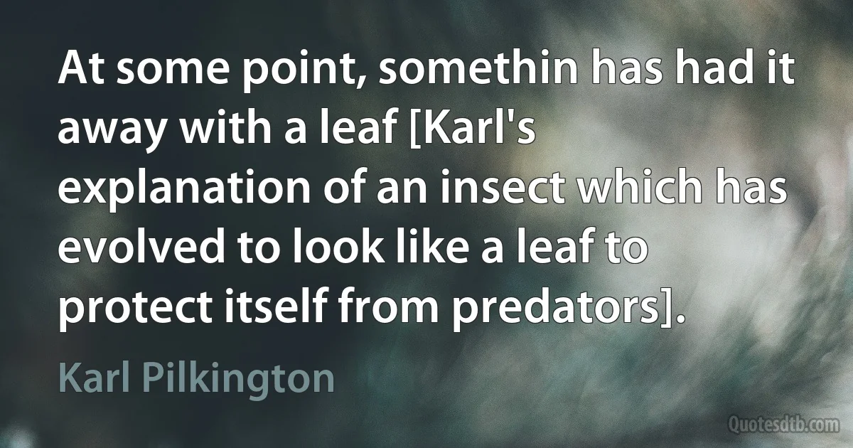 At some point, somethin has had it away with a leaf [Karl's explanation of an insect which has evolved to look like a leaf to protect itself from predators]. (Karl Pilkington)